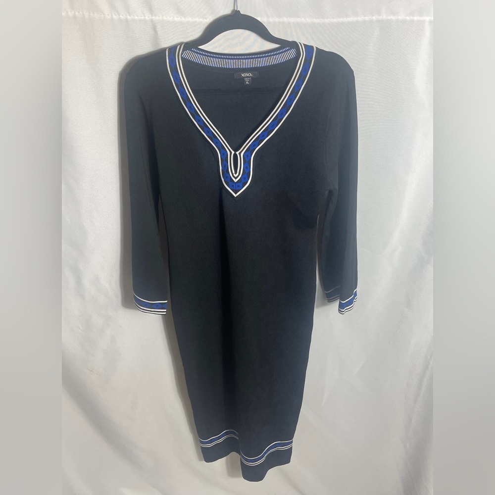 XOXO Black Knit Midi Dress Blue White Trim V Neck 3/4 Sleeve Women’s XL